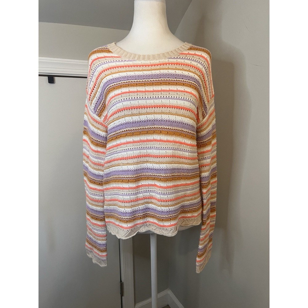 Lisa Todd Striped Sweater Womens Small Multi Color Pointelle Scalloped Hem Knit